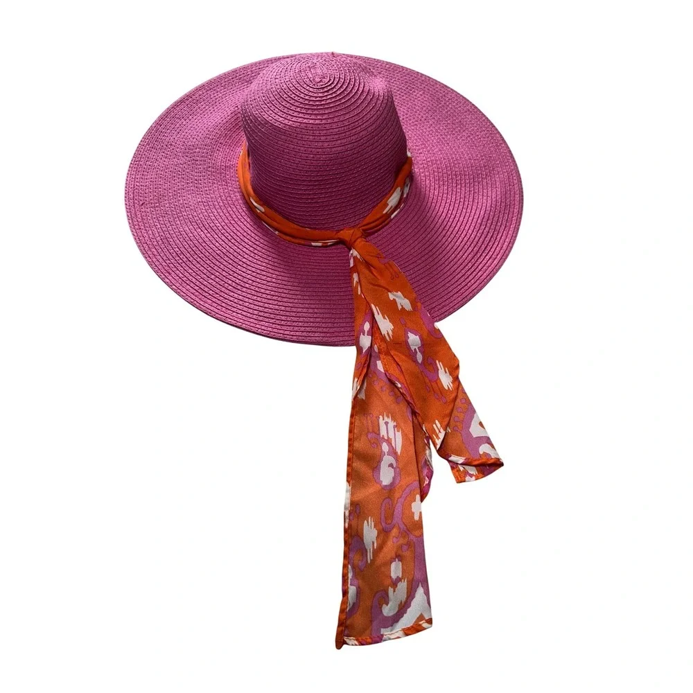Mud Pie Pink Wide Brim Straw Sun Hat‎ Orange Scarf Floppy Beach One Size